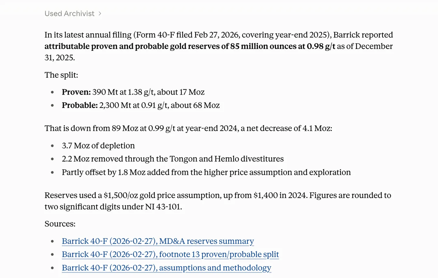 A cited answer from Archivist in Claude about Barrick