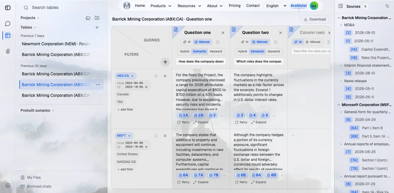 Archivist table mode filling a grid of companies and questions